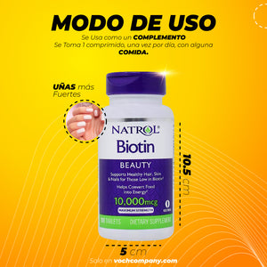 BIOTINA NATROL para el Cabello, Uñas y Piel Anti-Caída del Cuero Cabelludo