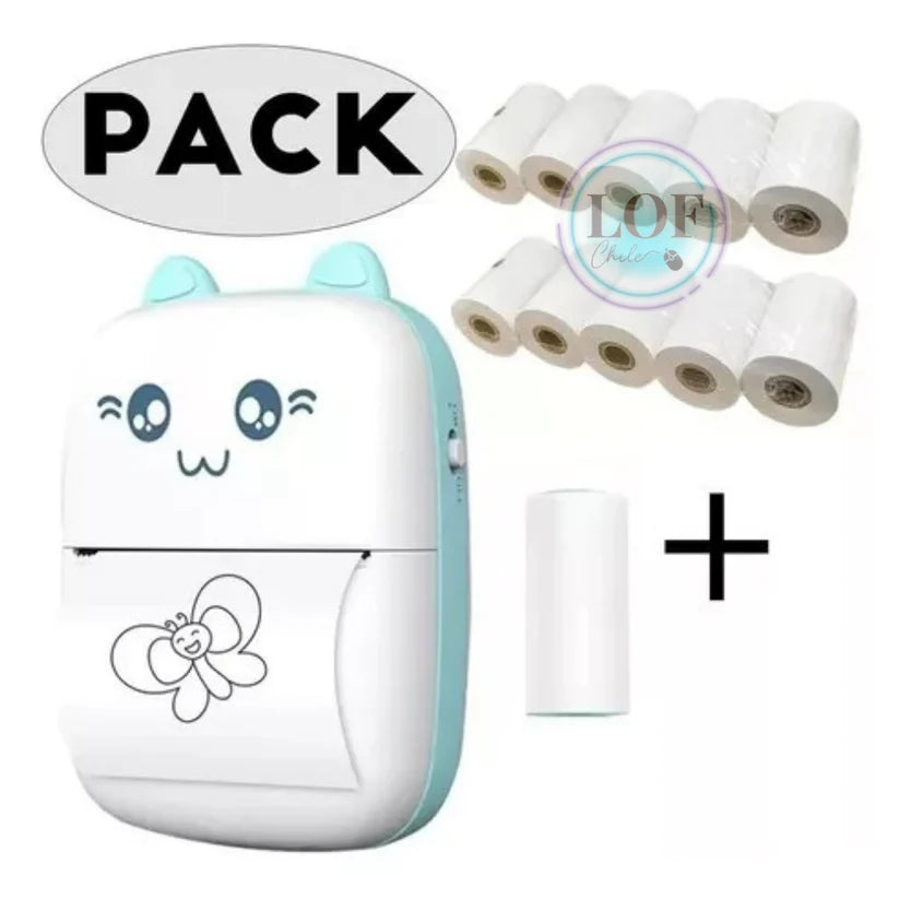 IMPRESORA TERMICA MINI BLUETHOOTH GATO + 10 ROLLOS PAPEL TERMICO